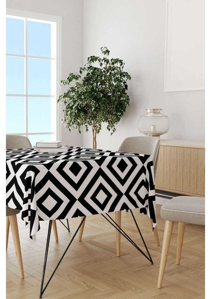 Beyaz Siyah Dekoratif Geometrik Desenli Dijital Baskılı Masa Örtüsü OTYK565-MS fiyatları