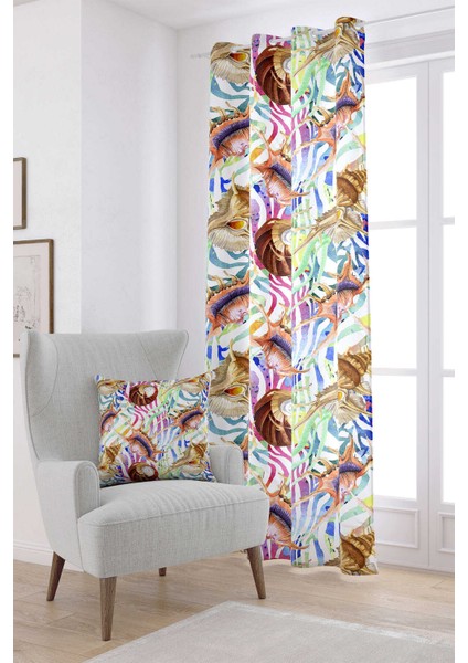 Beyaz Çok Renkli Marin Desenli Dijital Baskılı Perde OTYK758-PR