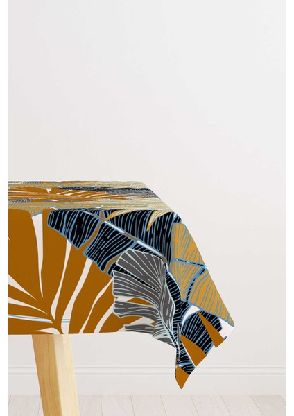 Kahveregi Lacivert Tropikal Yaprak Desenli Dijital Baskılı Masa Örtüsü OTYK767-MS