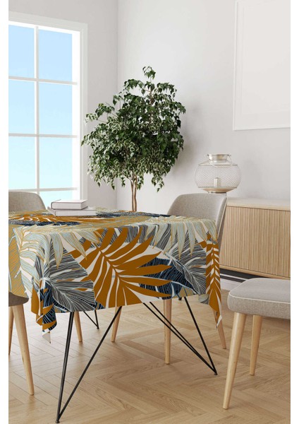 Kahveregi Lacivert Tropikal Yaprak Desenli Dijital Baskılı Masa Örtüsü OTYK767-MS fiyatları