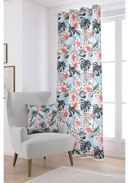 Pembe Mavi Tropikal Çiçek Desenli Dijital Baskılı Perde OTYK712-PR