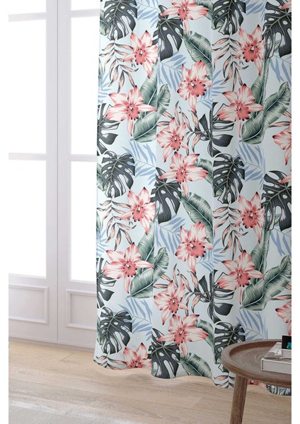 Pembe Mavi Tropikal Çiçek Desenli Dijital Baskılı Perde OTYK712-PR fiyatları