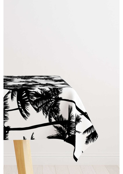 Beyaz Siyah Palmiye Desenli Dijital Baskılı Masa Örtüsü OTYK806-MS