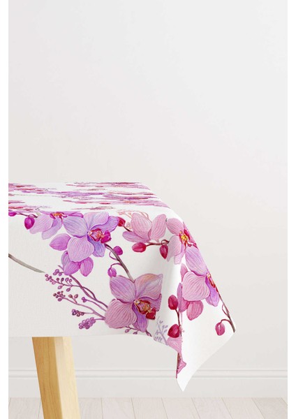 Beyaz Pembe Orkide Desenli Dijital Baskılı Masa Örtüsü OTYK768-MS