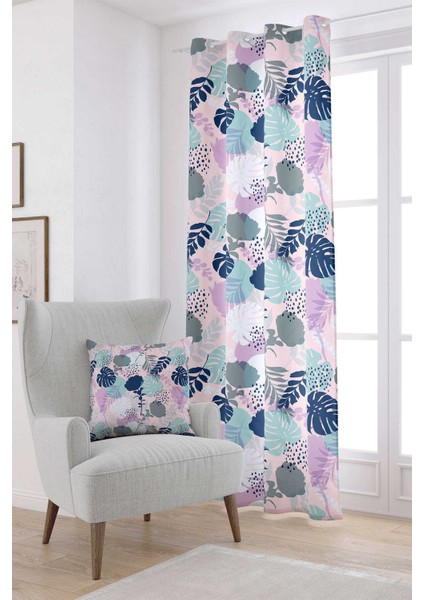 Pembe Mavi Tropikal Desenli Dijital Baskılı Perde OTYK788-PR