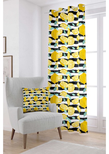 Beyaz Sarı Limon Desenli Dijital Baskılı Perde OYTYK907-PR