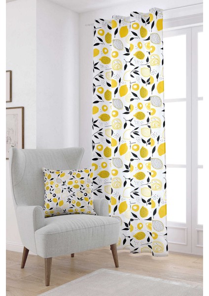 Beyaz Sarı Limon Desenli Dijital Baskılı Perde OYTYK929-PR