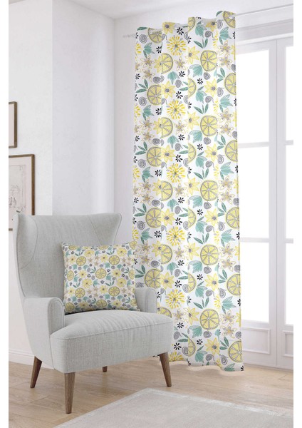 Beyaz Sarı Limon Desenli Dijital Baskılı Perde OYTYK924-PR