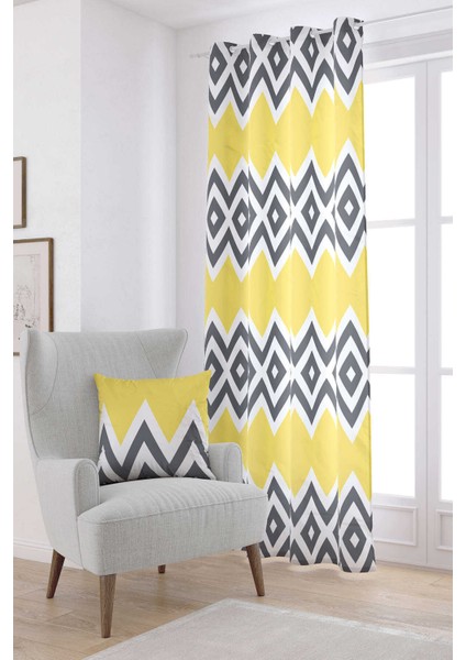 Sarı Gri Dekoratif Zigzag Desenli Dijital Baskılı Perde YST12-PR