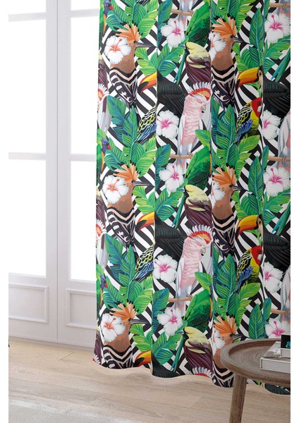 Beyaz Çok Renkli Tropikal Kuş Desenli Dijital Baskılı Perde YST08-PR fiyatları
