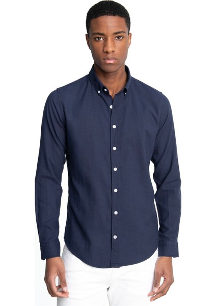 Slim Fit Uzun Kol Biyeli Yaka Düğmeli Keten Erkek Gömlek - Tudors fiyatları