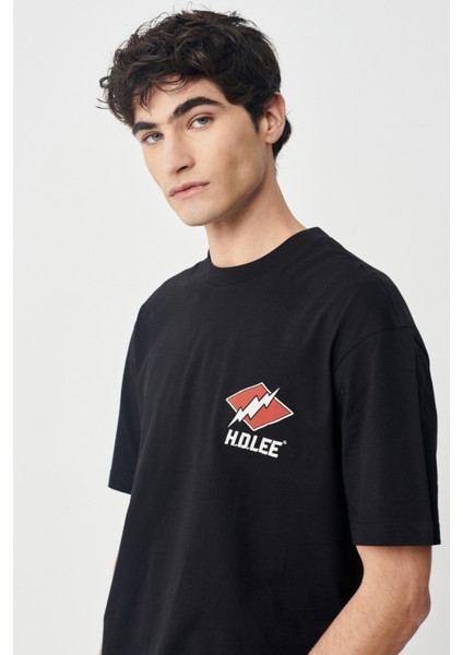 Loose Fit Erkek Siyah Bisiklet Yaka Tişört indirimleri