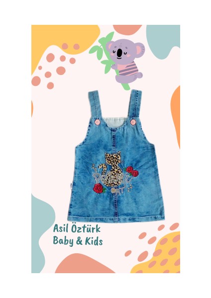 Kız Bebek Çocuk Leopar Desen Kedi ve Gül Detaylı Kot Jile Jean Salopet Denim Elbise