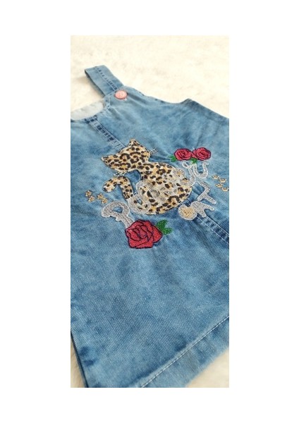 Kız Bebek Çocuk Leopar Desen Kedi ve Gül Detaylı Kot Jile Jean Salopet Denim Elbise modelleri