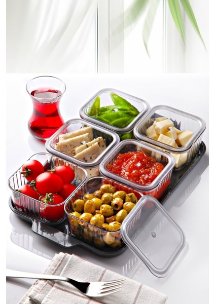 6'lı Kare Tepsili ve Bölmeli Kapaklı Çizgili Kahvaltılık Seti Şeffaf Akrilik