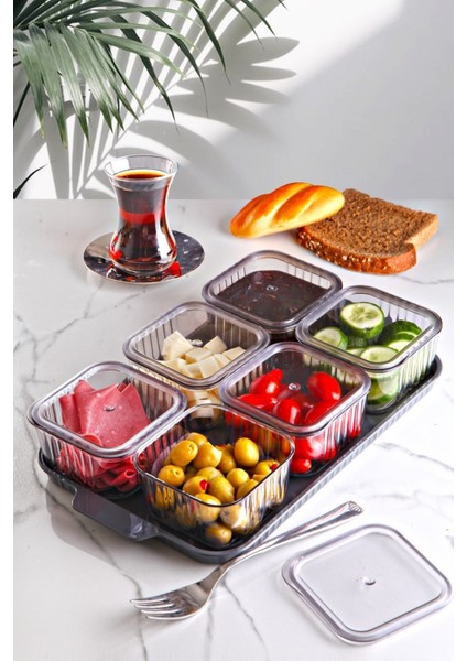 6'lı Kare Tepsili ve Bölmeli Kapaklı Çizgili Kahvaltılık Seti Şeffaf Akrilik fiyatları