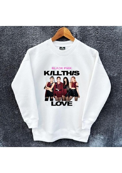 Çocuk Blackpink Love Oversize Baskılı Pamuklu Uzun Kollu Bisiklet Yaka Sweatshirt