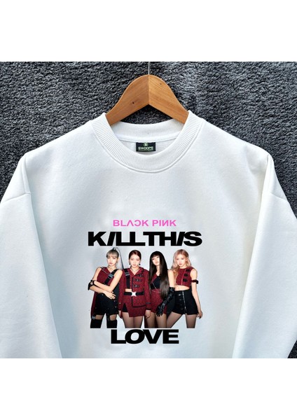 Çocuk Blackpink Love Oversize Baskılı Pamuklu Uzun Kollu Bisiklet Yaka Sweatshirt