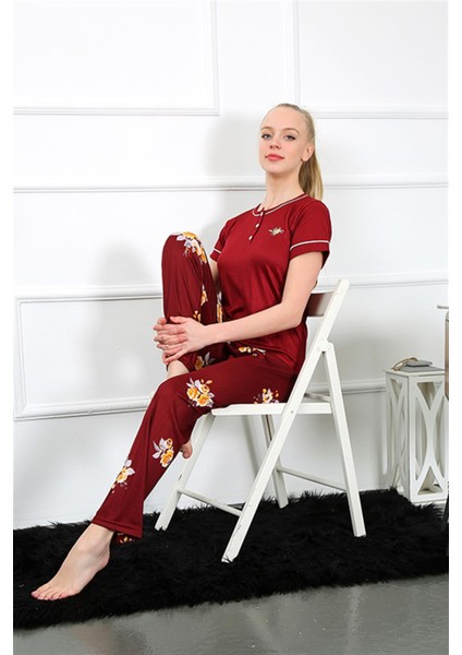 Kadın Bordo Kısa Kol Pijama Takım 20388