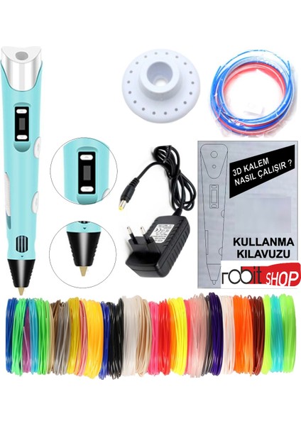 Teknoartshop Mavi 3D Pen Üç Boyutlu Kalem 5 Metre 10 Adet Filement ve Adaptor ile Birlikte (50 Metre)