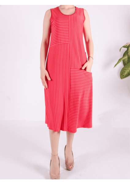 Çizgi Detaylı Sıfır Kol Kadın Penye Elbise