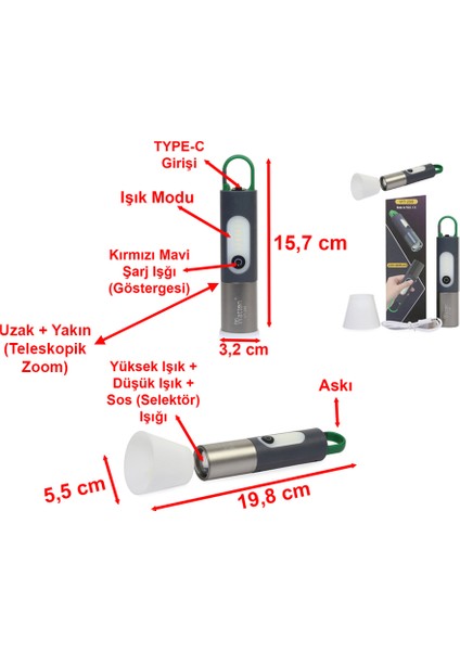 Type-C Girişli Kancalı 750 Lümen Şarjlı 4 Mod Aydınlatma Kamp Lambası Araç Tamirci Çalışma Vb Feneri