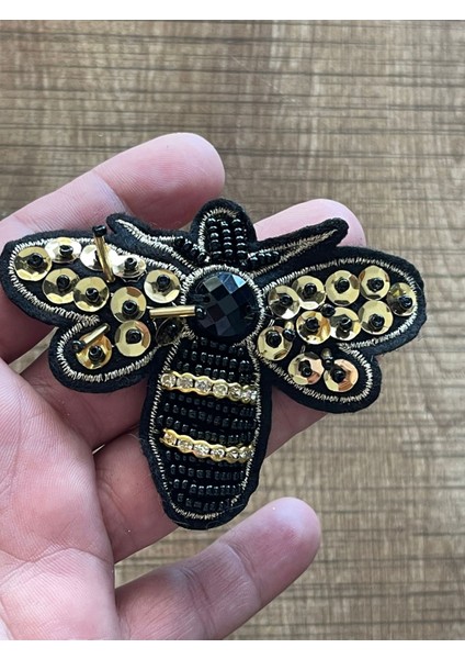 8x7 cm Tasarım Zirkon Taşlı Boncuklu Payetli Arı Aplike Dikiş Aksesuarı