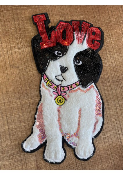 30X14 cm Pul Payetli Peluş Köpek Aplike Arma Yama Dikiş Aksesuarı