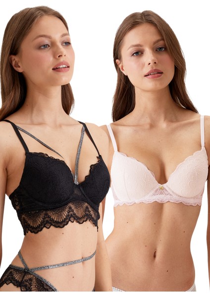 2'li Ekonomik Paket Pudra-Siyah 4731001-2 Rome Balenli Soft Push Up Dantelli Sütyen Set