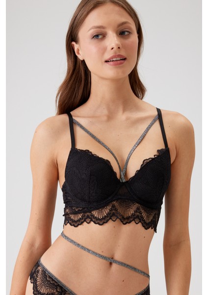 2'li Ekonomik Paket Pudra-Siyah 4731001-2 Rome Balenli Soft Push Up Dantelli Sütyen Set modelleri