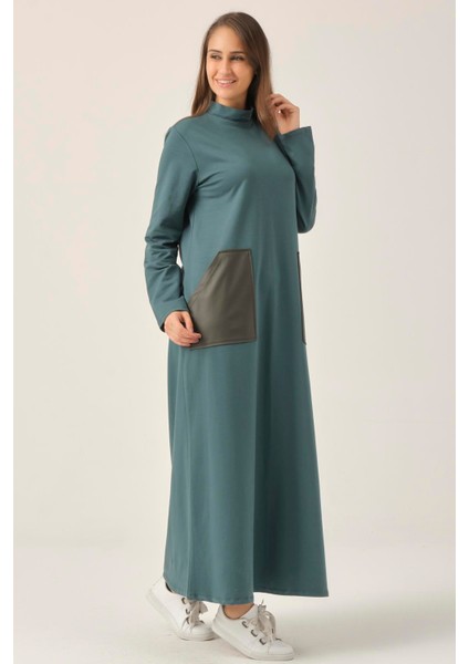 Zümrüt Yeşili Deri Cep Detaylı Maxi Boy Elbise DM410 fiyatları