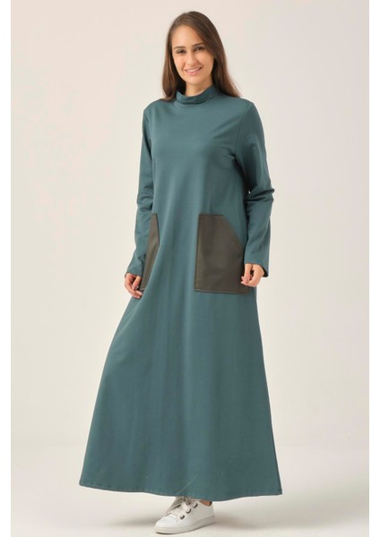 Zümrüt Yeşili Deri Cep Detaylı Maxi Boy Elbise DM410 modelleri