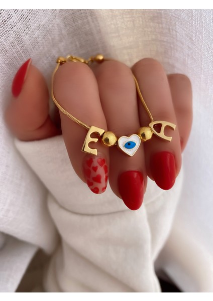 Gold İki Harfli Kalp Detay Yılan Zincir Bileklik