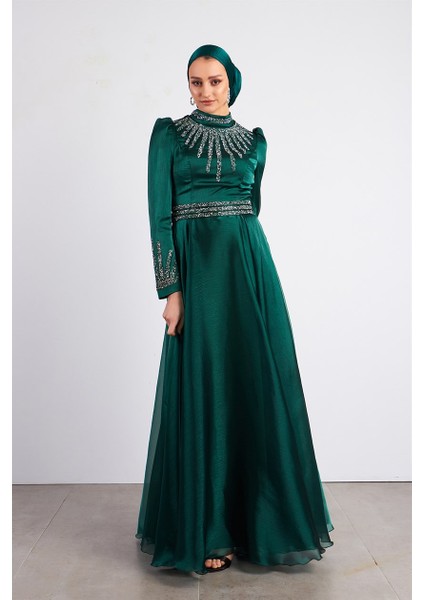 Yeşil Ebru Tesettür Abiye Elbise fiyatları