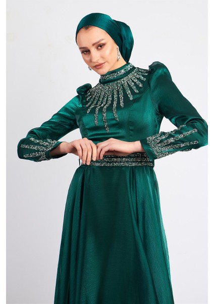 Yeşil Ebru Tesettür Abiye Elbise modelleri