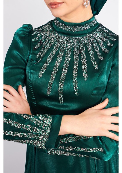 Yeşil Ebru Tesettür Abiye Elbise indirimleri