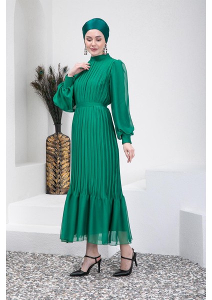 Yeşil Piliseli Tesettür Abiye Elbise fırsatları