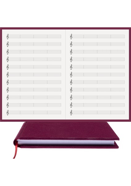 BİDEFTER Müzik Defteri - Sol Anahtarlı Kesik Çizgili - %100 El Yapımı, El Dikişi (İplik Dikiş) 1. Sınıf Viston Kumaş Ciltli Defter A/4 Bordo