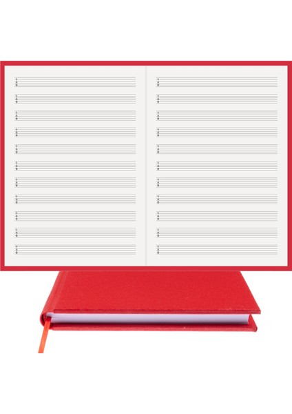 Gitar Nota Defteri - Tab Anahtarlı - %100 El Yapımı, El Dikişi (İplik Dikiş) 1. Sınıf Hakiki Cilt Bezi ile Ciltli Defter A/4 Kırmızı