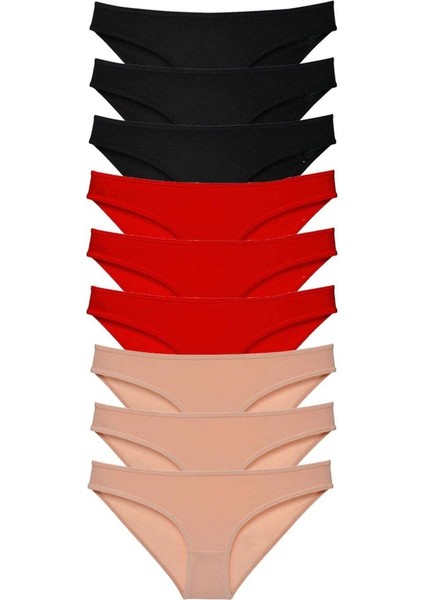 9 adet Süper Eko Set Likralı Kadın Slip Külot Siyah Kırmızı Ten
