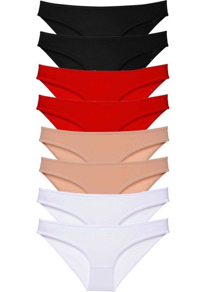 8 adet Süper Eko Set Likralı Kadın Slip Külot Siyah Kırmızı Ten Beyaz