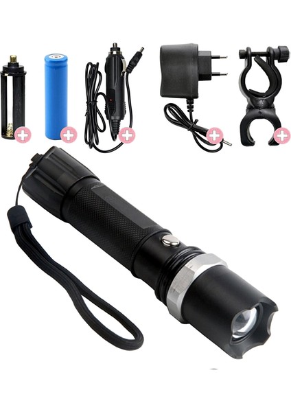 Profesyonel Şarjlı El Feneri Ledli+Flashlight+Zoom Özellikli+Tüfek Aparatı 6 Parça Full Set