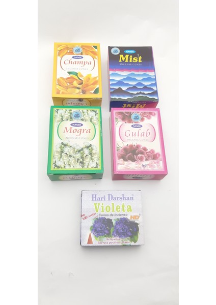 5 Farklı Paket 70 Adet Konik Tütsü ( Mogra, Gulab, Champa, Mist, Violeta )