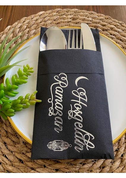 Gümüş Yaldızlı Siyah Hoş Geldin Ramazan Cepli Peçete 12 Lı 40X40