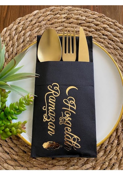 Gold Yaldızlı Siyah Hoş Geldin Ramazan Cepli Peçete 12 Lı 40X40