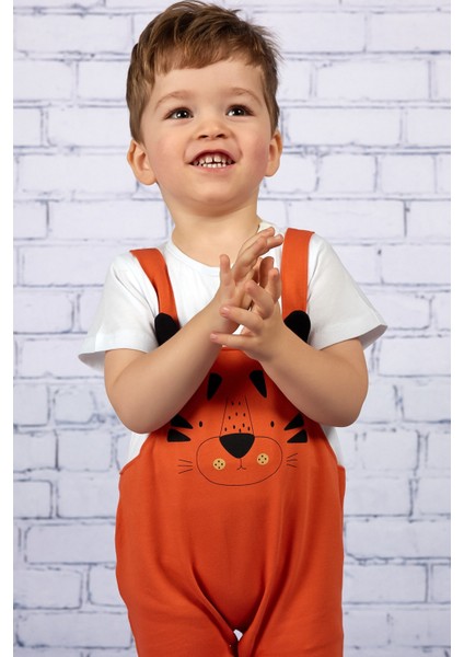 Erkek Bebek Turuncu Aslan Baskılı Salopet Tulum