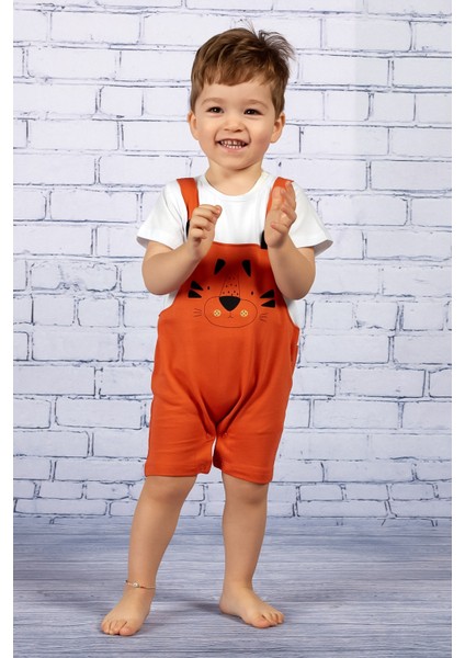 Erkek Bebek Turuncu Aslan Baskılı Salopet Tulum fiyatları