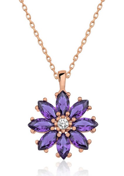 Gümüş Rose Mor Çiçek Kolye