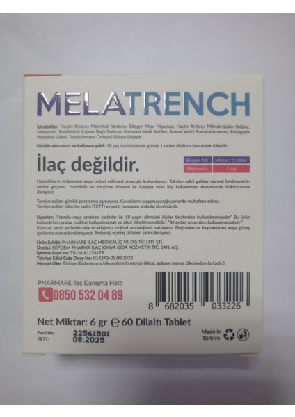 Melatrench Melatonin Içeren Dialtı Tablet Takviye Edici Gıda (60 Tablet)