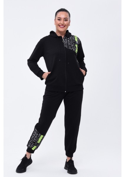 Kadın Büyük Beden Neon Bant Detaylı Yazılı Siyah Eşofman Takımı fiyatları